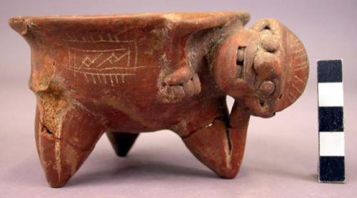 Pottery effigy bowl - tripod; burnished and incised