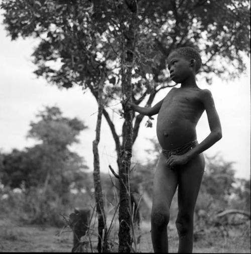 Boy standing next to a tree