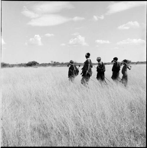 Group of women walking in a line, carrying their digging sticks across their shoulders