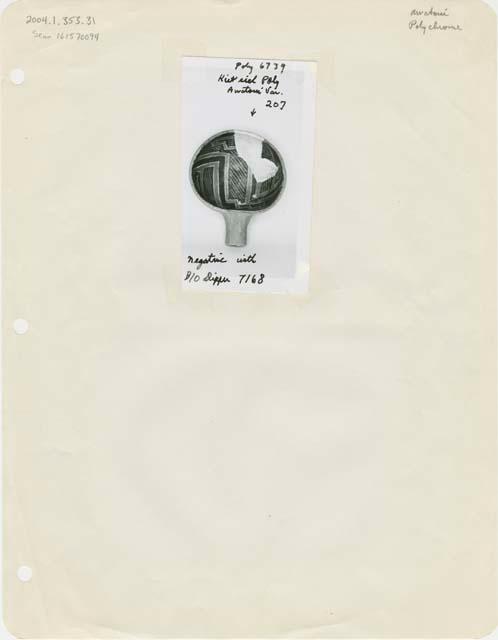 Photograph and negative (with B/O Dipper? 7168) of painted ceramics from the Jeddito Expedition, page 31