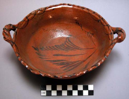 Dish, glazed and painted with handle