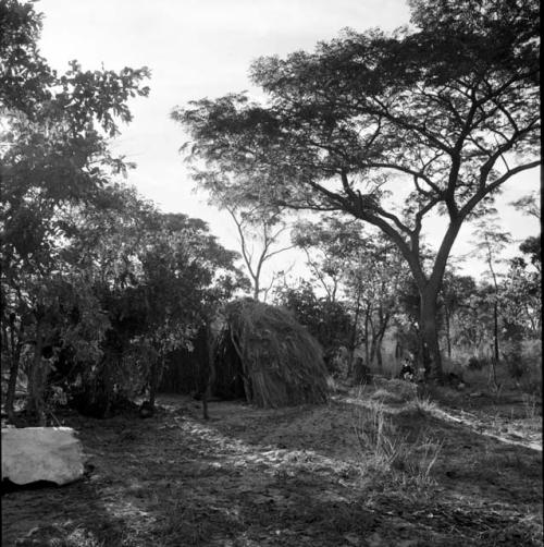 People sitting and lying down next to skerms, with a dried animal skin on the ground near them