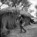 Man carrying a bundle of grass for making a skerm, with an expedition member standing in front of a tent in the background