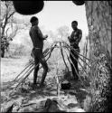 Two men constructing a skerm, with the top horizontals in place