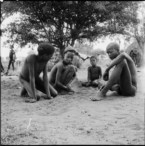 Four boys sitting, playing /Ui (the counting game), with the boy on the right holding a slender white stick