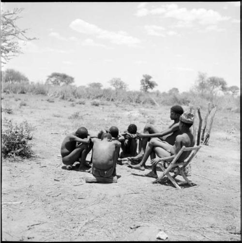 Group of boys sitting in a circle, one on an expedition chair, the others on logs, hiding their faces