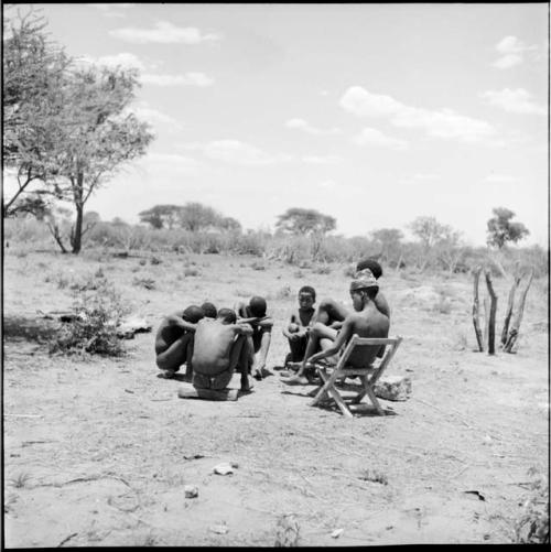 Group of boys sitting in a circle, one on an expedition chair, the others on logs, hiding their faces