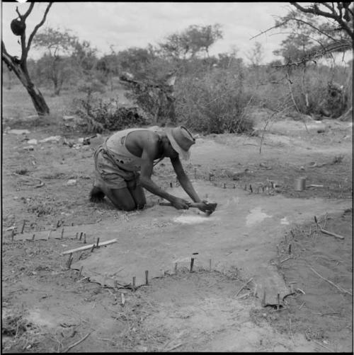 Man wearing a T-shirt, shorts and hat, leaning over, scraping an animal skin that is pegged to the ground