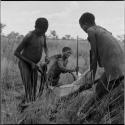 Gau (husband of Be and Khuan//a) and two other men working on a dead wildebeeste