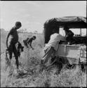 Men carrying meat to the expedition Jeep