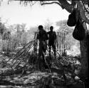 Two men setting up poles for a triangle skerm, with the structure of a circular skerm behind them, hunting bags hanging from a tree near them