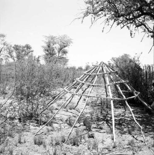 Triangular skerm structure, with sticks lashed to upright poles