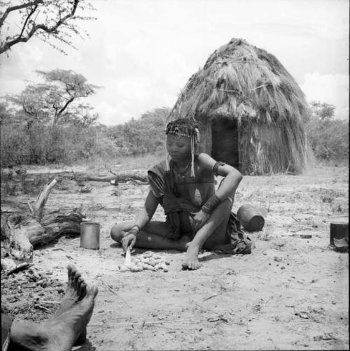 Woman cooking mangetti nuts, turning them with a fire paddle, with a skerm in the background