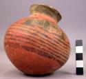 Pottery jar, small, red, black ornemtation on upper zone