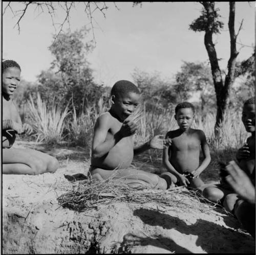 Boys playing !ó'm!hú / !’Om g!xuni / ’Ai kota !U!u g!xuni / N!aih //’an (the porcupine game, also known as the axe game, assegai game or war game)