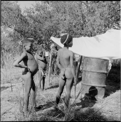 Three boys standing near the expedition rain-saver, constructed from a tarpaulin and a barrel to preserve water from rainfall