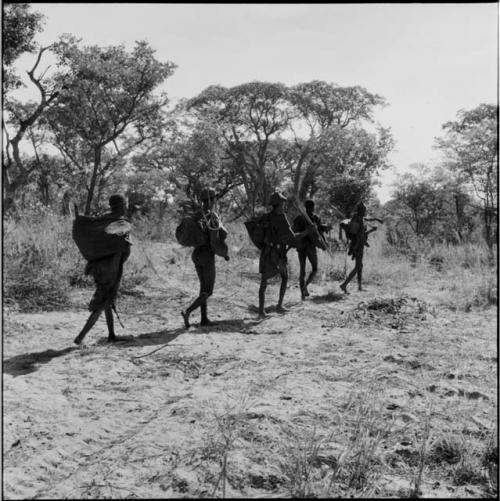 Five hunters walking in a line, view from behind