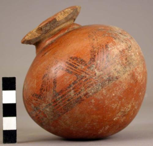 Pottery jar, small, red, black ornemtation on upper zone