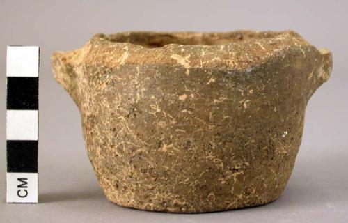 Ceramic jar, brown, 2 horiz perf lug hndls, cylindrical, inverted rim, scratched