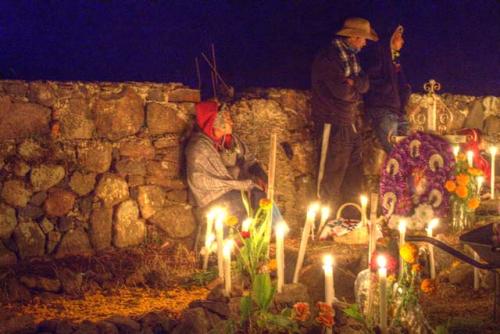 "Tzintzuntzan; the cemetery is decorated and attended by relatives of the departed"