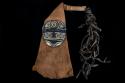 Painted pitch Yurupari mask (devil) on bark cloth hood - long black raffia tassels