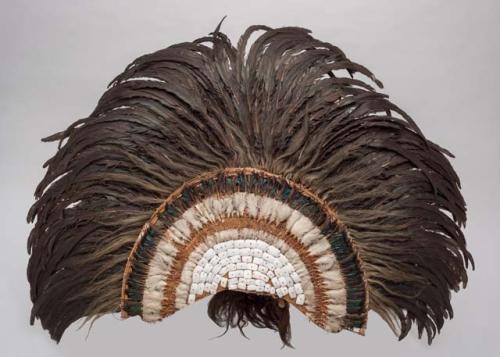 Large headdress of wicker work, feather, tapa and shell