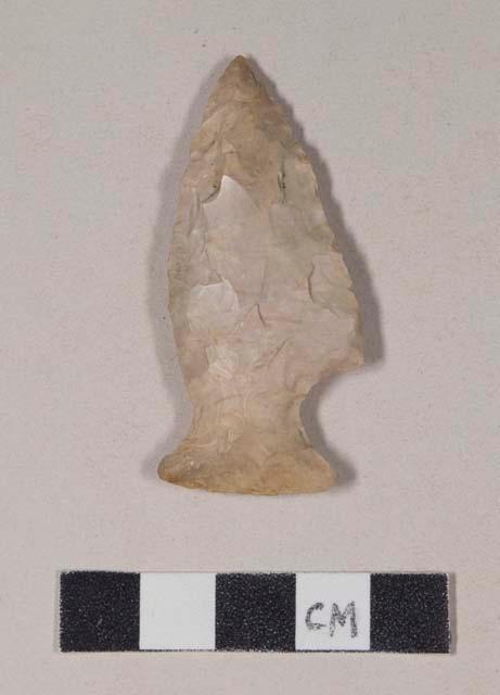 Chipped stone, projectile point, reworked, asymmetrical, side-notched on one side, corner-notched on the other side