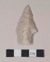 Chipped stone, projectile point, reworked, asymmetrical, stemmed on one side, notched on the other