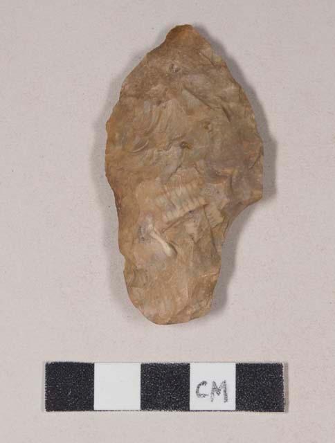 Chipped stone, projectile point, stemmed, asymmetrical, with possible fossils in the stone