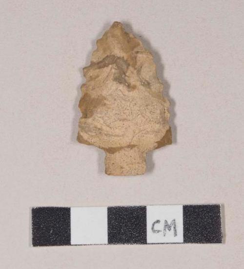 Chipped stone, projectile point, stemmed, serrated