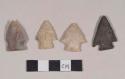 Chipped stone, projectile points, stemmed, one serrated; chipped stone, projectile point, side-notched; chipped stone, projectile point, corner-notched