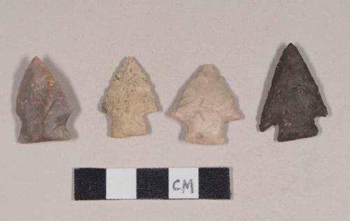 Chipped stone, projectile points, stemmed, one serrated; chipped stone, projectile point, side-notched; chipped stone, projectile point, corner-notched