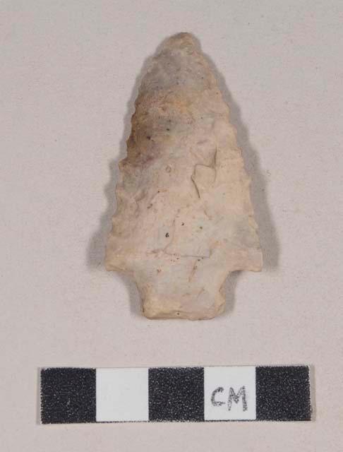 Chipped stone, projectile point, stemmed, serrated