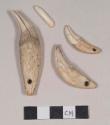 Perforated animal teeth; two fragments crossmend