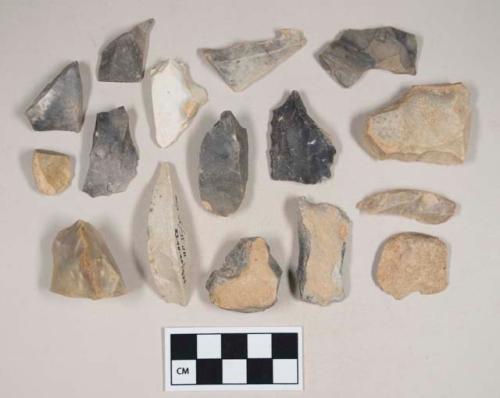 Chipped stone, flint flakes, some with cortex; chipped stone, flint blades