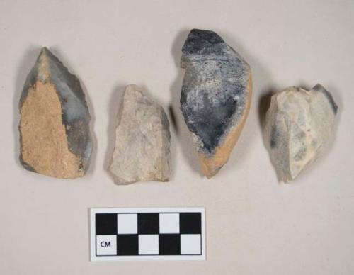 Chipped stone, flint flakes, with possible blade flaking scars, some with cortex