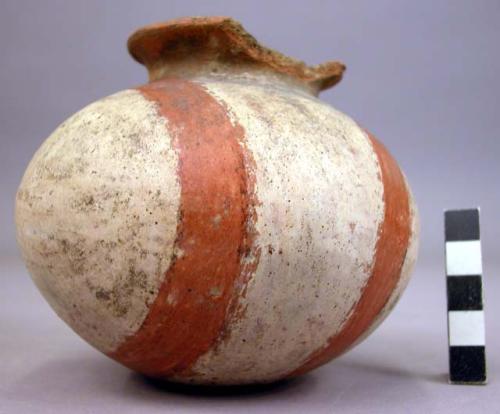 Pottery jar, white with red bands