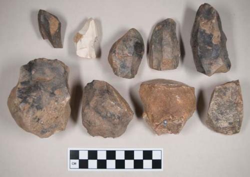 Chipped stone, flint cores, some with cortex