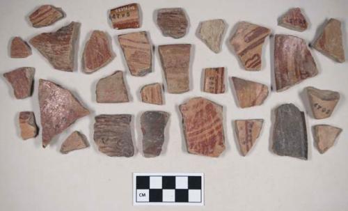 Various types, including Red-on-Natural Painted and Brown-Black Polished Wares, body and rim sherds, vessel support