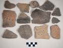 Coarse earthenware body and rim sherds, cord impressed, rocker dentate, incised, punctate, shell temper