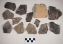 Coarse earthenware body and rim sherds, some cord impressed, with pierced holes, shell temper
