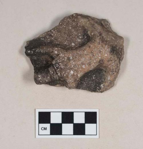 Coarse earthenware rim sherd, with applied figure, possibly lizard, shell temper