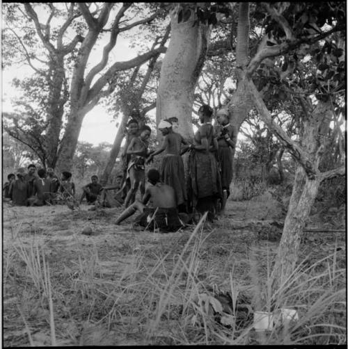 Group of women and girls playing Tcxai Djxani (a dancing game) at a tree, with a group of men and boys sitting in the background