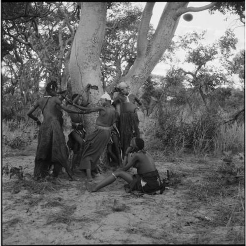 Group of women and girls playing Tcxai Djxani (a dancing game) at a tree