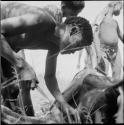 Hunter leaning over, skinning an animal carcass, with other men in the background