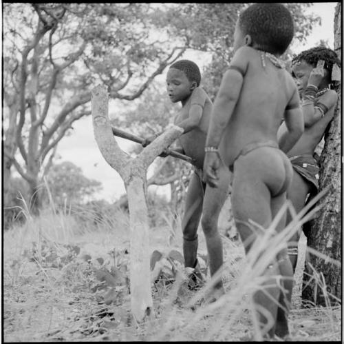 Boy chopping a tree stump with an axe, with other boys standing next to him