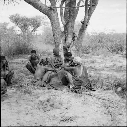 Man squatting, curing someone sitting with a group of people next to a tree