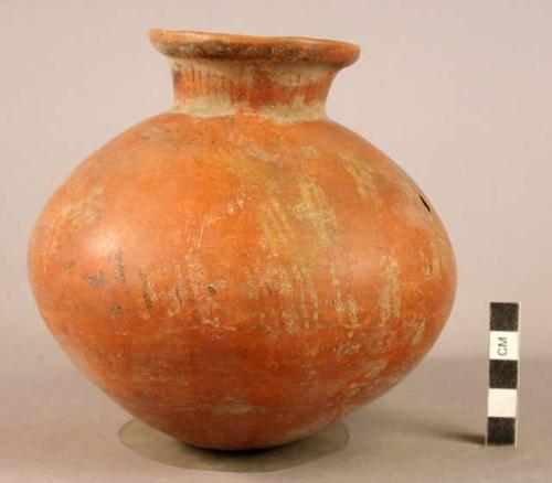 Pottery jar, small, red, black ornemtation on upper zone