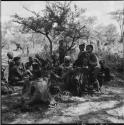 Group of women sitting next to a small tree, including "Old /Naoka" and a woman wearing a printed dress