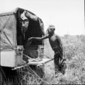 Man putting a piece of meat in the back of the expedition Jeep